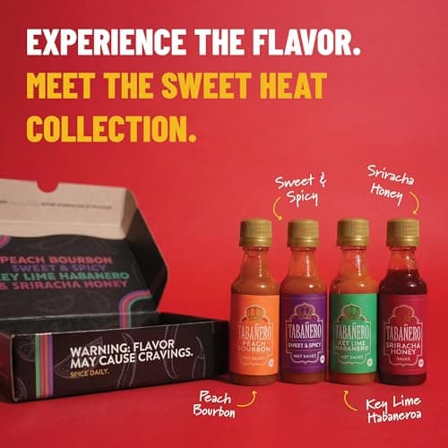 1.7 oz Mini Glass Bottles, Kit Includes Peach Bourbon, Key Lime Habanero, Sweet & Spicy, All Natural, Gluten Free, Low Sodium Tabañero Variety Hot Sauce Gift Set, Kosher, Sriracha Honey, 4-Pack B0CN9P7XD7
