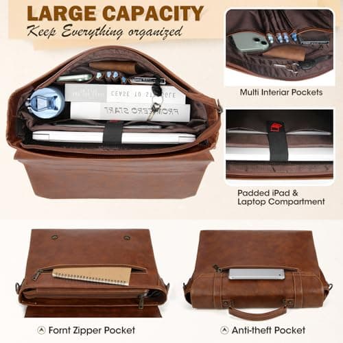 RAINSMORE Mens Messenger Bag 17 Inch Waterproof Vintage Leather Laptop Briefcase Large Laptop Bag Satchel Bag Computer Shoulder Bag for Office Business Travel College,Brown