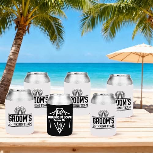 12pcs Beer Can Cooler Sleeves Bachelor Party Favors Bride And Groom Gifts Suit Dress Can Cooler Insulated Sleeves Decorations for Wedding Eve Gift for Men Groom Groomsman
