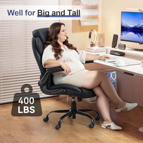 Brage Living 400LBS Big and Tall Office Chair, Heavy Duty Leather Executive Desk Chair with Padded Flip-up Arms, Swivel Rolling Computer Chair for Home Office, Black