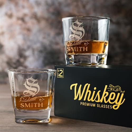 Amazing Items Set of 4 - Personalized Whiskey Glasses w/Name & Initial - 9 Designs - 9 oz, Limited Edition Monogrammed Rocks Glasses for Men, Dad Gifts