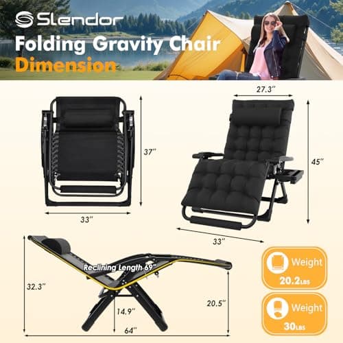 Slendor Oversized Zero Gravity Chairs XXL, 33In Padded Zero Gravity Lounge Chair, Lawn Recliner, Folding Patio Reclining Chair w/Aluminum Alloy Lock, Headrest, Cup Holder, Support 500lbs, Black