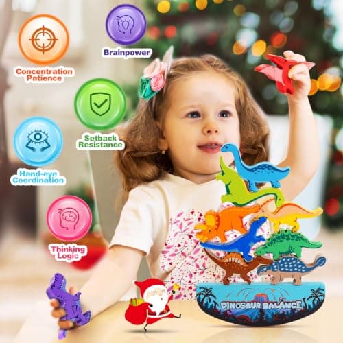 IPOURUP Dinosaur Toys for Kids 3-5: Wooden Stacking Montessori Toys for 3 4 5 6 7 8 Year Old Boys Girls Birthday Gifts for Kid Ages 4-8 Balance Competition Game for Family Stocking Stuffers