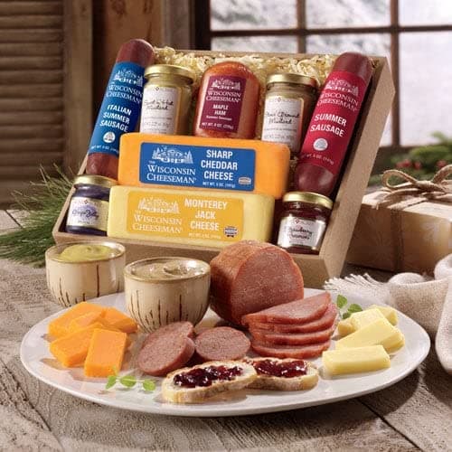 The Wisconsin Cheeseman Hostess Delight Gift Basket with Summer Sausage Meats and Cheeses – Charcuterie Boards for Holiday or Thank You Gifts for Adults, Women, and Men