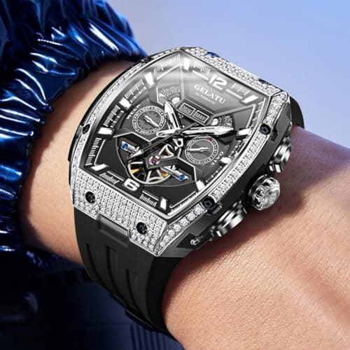 OLEVS GELATU Watch for Men Mechanical Luxury Diamond Watch Skeleton Automatic 50M Waterproof Sapphire Crystal Square Face Multi Calendar Function