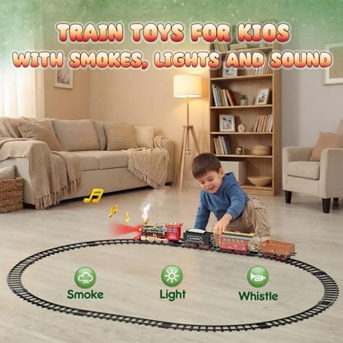 Hot Bee Train Set - Train Toys for Boys with Smokes, Lights and Sound, Toy Train Set for Under Christmas Tree, Toddler Model Trains for 3 4 5 6 7 8+ Years Old Kids Christmas Toys Gifts