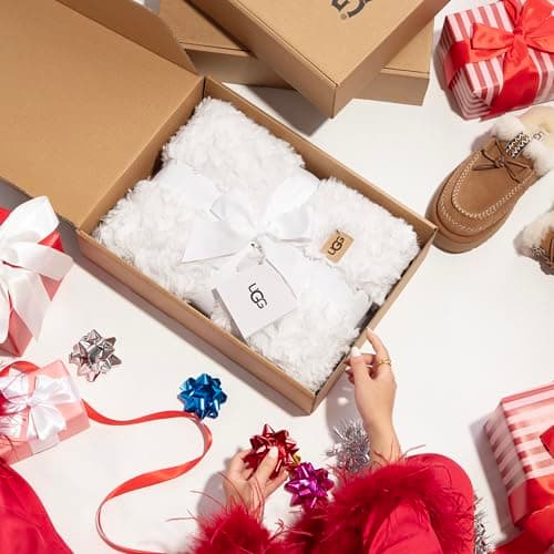 UGG Adalee Faux Fur Throw Blanket Luxury Lightweight Cozy Soft Throw for Couch Bed or Chair Hypoallergenic Machine Washable Double-Sided Fluffy Blanket Home Decor, 50-inch x 70-inch, Natural White