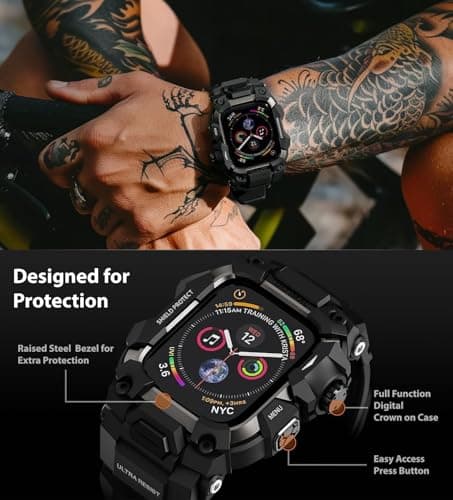 ULTIMAL Rugged Case with Band for Apple Watch 44mm,Compatible with Apple Watch Series SE 3/SE 2/SE Generation/6/5/4, Military Grade Shockproof Bumper Cover for iWatch Tactical Band Men (Black, 44mm)