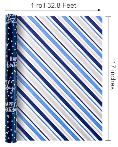 MAYPLUSS Birthday Wrapping Paper Roll, Blue Metallic Holographic Happy Birthday Wrapping Paper Featuring Revesible Stripe Gift Wrap Paper for Boys Kids Girls Men, 17 Inches x 33 Feet B0FX9W1LZD