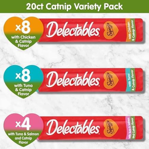 Delectables Squeeze Up Catnip Variety Pack, Creamy Squeezable Puree, Lickable Wet Cat Treats, Grain Free, No Added Fillers, No By-Products, No Added Preservatives, 0.5 Ounces Tube, 20 Tubes Total