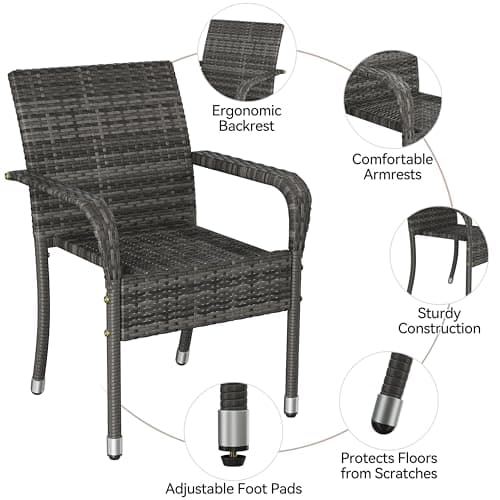 Yaheetech Set of 2 Stackable Outdoor Rattan Dining Chairs, All-Weather Firepits Armchair w/Armrests, Steel Frame for Garden, Patio, Deck, Yard, Poolside, Gray