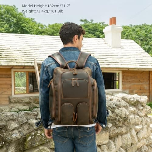 Masa Kawa Leather Backpack for Men with 16" Laptop & Camera Lens Sleeve, Multi Pockets Weekend Trip Business Travel Overnight Camping Bag, Vintage Brown