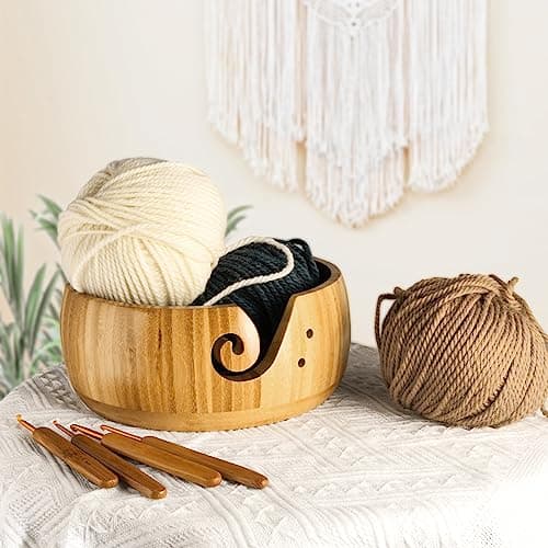 Wooden Yarn Bowl Holder, Craft Knitting Bowl with 8pcs Metal Crochet Hooks, 7.9''Large Yarn Holder Dispenser Yarn Storage Bowls, for Knitters & Crocheters (Bamboo 7.9 inch)
