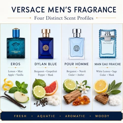 Versace Cologne for Men Set of 4 Mini Eros, Pour Homme, Dylan Blue, Eau Fraiche Perfume for Men Fragrance Sampler Set - Designer Mens Cologne Samples (4 Count, 0.17 oz)