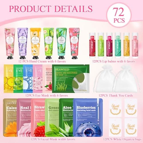 72 Pcs Bulk Gifts For Women, Bulk Facial Mask, Lip Balms, Hand Creams & Under Eye Patches, Spa Party Supplies,Party Favors For Bridal Wedding, Baby Shower,Sleepover Party, Christmas Stocking Stuffers B0FKH49Y6H