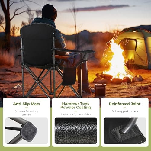 ALPHA CAMP Heavy Duty Camping Chair 500LBS Capacity, Oversized Folding Chair for Heavy People, Padded Portable Outdoor Chair with Cooler Bag & Cup Holder for Camping, Fishing, Beach