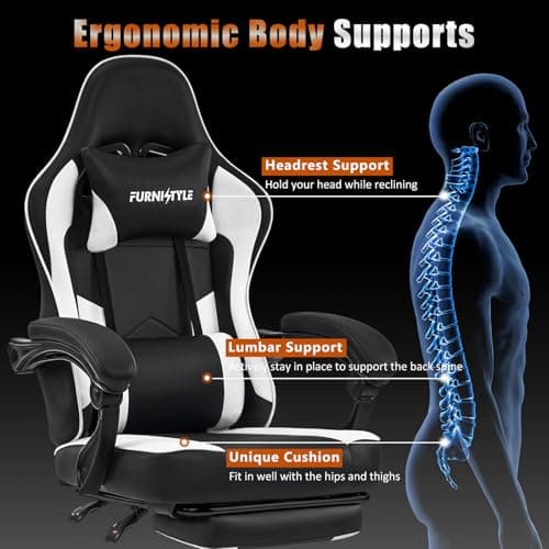 Gaming Chair with Footrest, Reclining Video Game Chairs for Adults with Lumbar Support, Linkage Armrests, Ergonomic Computer Chair for Gaming or Office, PU Black-White