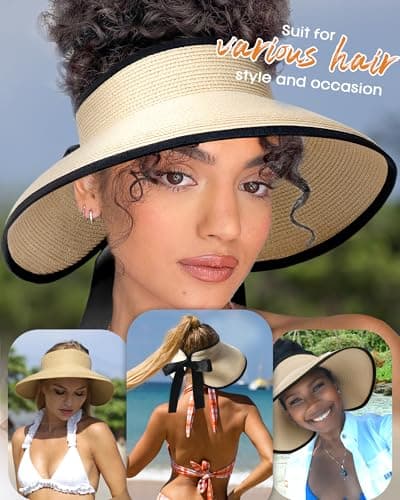 Camptrace Sun Visors for Women Wide Brim Beach Hat Foldable Straw Visor Hat Ponytail Summer Packable UPF 50+