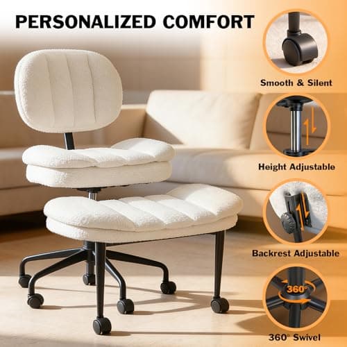Criss Cross Chair with Footrest, 360° Swivel Faux Shearling Office Chair, Extra Wide Seat with Sofa-Like Comfort, Ergonomic Cross Legged Desk Chair for Cozy Reading, Meditation