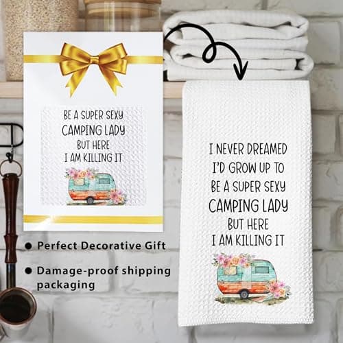 Camping Kitchen Towels 16x24 Waffle Weave, I Never Dreamed I’d Grow Up to Be a Super Sexy Camping Lady Dish Towels, Camp RV Gifts for Women, Gifts for Campers -A01 B0FFMWD7JP