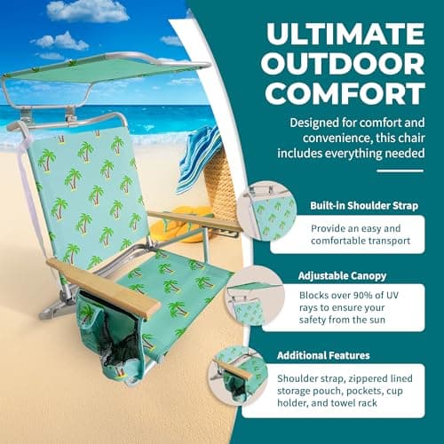 Bliss Hammocks Folding Beach Chair Recliner with Canopy Shade, Palm Tree