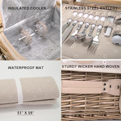 Multifunctional Wicker Picnic Basket Set for 2 with Blanket and Picnic Table, Insulated Picnic Set with Full Tablewares for Camping Outdoor Couples, Flowers B0D4Q11DMV