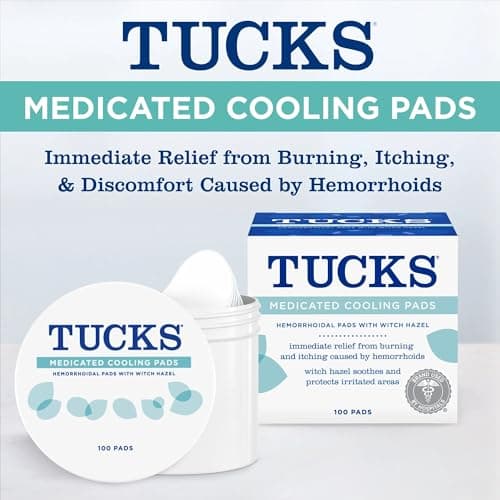 Witch hazel pads designed for sensitive areas and used by hospitals for hemorrhoid symptom relief, also postpartum essentials TUCKS Medicated Cooling Pads, Witch Hazel Hemorrhoid Treatment, 100 Count B06ZYLFV8L