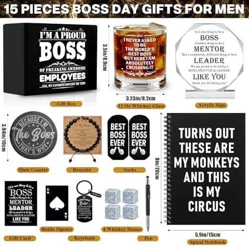 15 Pcs Boss Day Gifts for Men Whiskey Glass Set, Best Boss Ever Gifts with 11 Oz Whisky Glass Coaster Stones Socks Crystal Plaque Spiral Notebook Keychain, Bosses Inspirational Gift from Employees