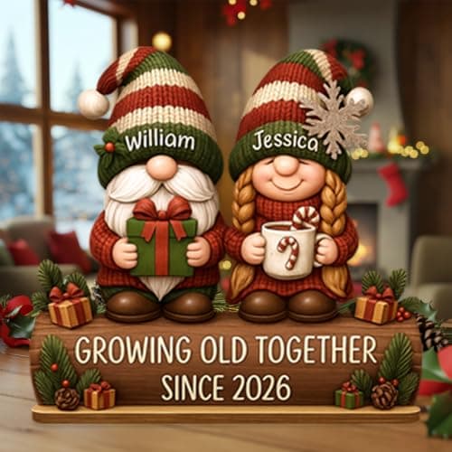 Personalized Growing Old Together Christmas Wooden Plaque, Custom Couple Figurine Gift, Festive Holiday Home Decor, Romantic Keepsake for Husband Wife, Grandparents, Anniversary Christmas Gift