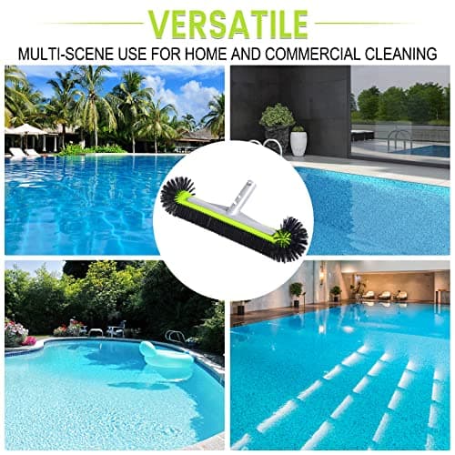 Swimming Pool Brush Head with Round Ends,17.5" Heavy Duty Aluminum Back Head for Cleans Walls, Tiles & Floors, 7 Rows Premium Nylon Bristles with EZ Clips (Green Black)