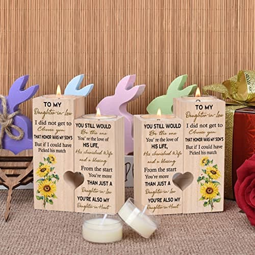 to My Daughter-in-Law from The Start You're More Than JUST A Daughter-in-Law You're Also My Daughter-in-Heart Personalized Wooden Candle Holder for Couple Birthday Candle Decoration B09N3J7HYY