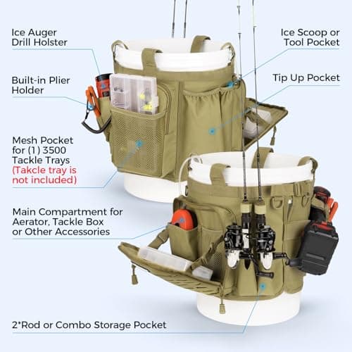 KastKing Karryall Fishing Bucket Organizer for 5 Gallon Bucket, Ice Fishing Tackle Bag with Adjustable Buckle, Rod & Plier Holder and Multi-Pockets for Fishing Gear & Accessories Storage,Khaki