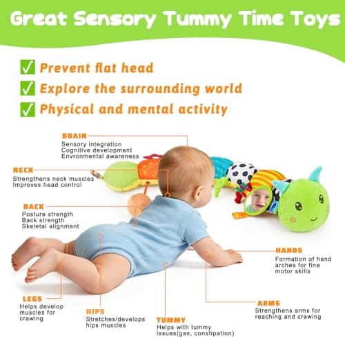 Baby Sensory Toy 0-6 Month Music Animal Stuffed Plush Caterpillar Toy for Infant 0-3-6-12 Month Old Tummy Time with Baby Mirror Crinkle Rattle Carseat Toys for Newborn Boys Girl Shower Gifts