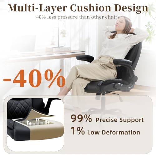 Office Chair, Executive Leather Office Chair with Lumbar Support & Flip-up Armrests, Ergonomic Adjustable High Back Swivel Chair with Rocking Function (Black)