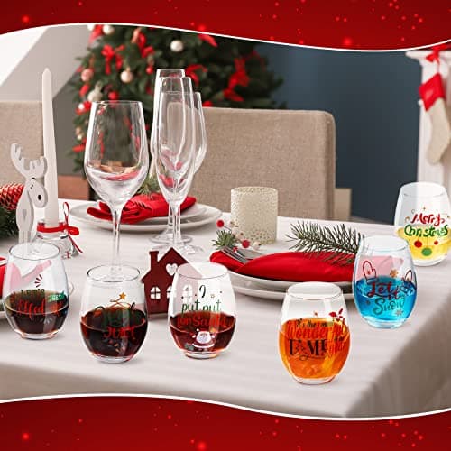 Funtery 6 Pcs Christmas wine Stemless Glass Funny Christmas Gift Set for Teacher Men Women Family Friend Coworker, Gift Ideal Birthday Wedding Party Supplies(Classic Style)