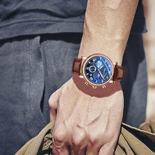 FANMIS Men's Classic Multifunctional Military Sports Analog Watch Business Dress Waterproof Luminous Chronograph Starry Sky Moon Phase Leather Wristwatch