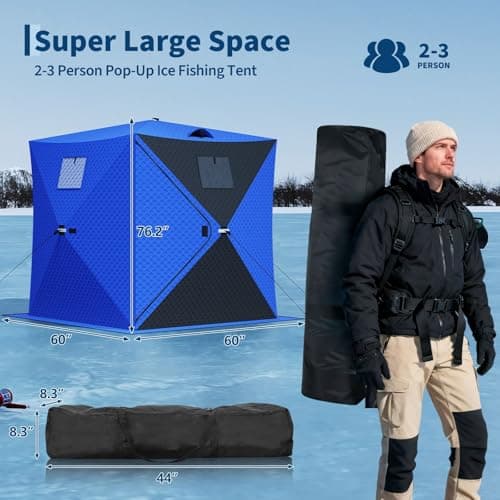 Garvee Pop Up Ice Fishing Shelter and Insulated Ice Fishing Tent with 49ft LED Light Strip, Windproof Portable Hub Design, Fits 1-8 People, 25-69 sq ft Fishable Area, Blue+Black