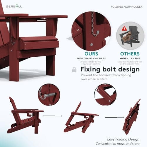 SERWALL Adirondack Chair with Cup Holders - Composite Adirondack Chairs Set of 2 HDPE Outdoor Chairs All Weather Use- Dark Red