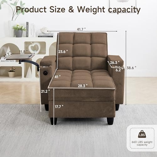 41.7" Oversized Chaise Lounge Chair Indoor, Boucle Upholstered Sofa Bed with Adjustable Backrest, Deep Seat Reading Chair, Sofas Couches for Living Room, Storage, Cup Holders & 360° Swivel Side Table