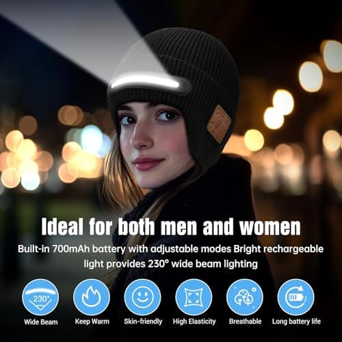 Bluetooth Beanie with Light, Headlamp Hat with Headphones and Built-in Speaker Mic, Unique Christmas Gifts for Men Husband