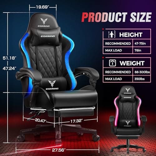 EXRACING Gaming Chair with Footrest Ergonomic High-Back PU Leather Computer Chair with RGB LED Lights Linkage Armrests Lumbar Support and Headrest 150°Reclining Diamond Quilted Office Chair for Adults