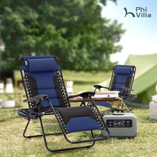 PHI VILLA Zero Gravity Chair Set of 2, Padded Anti Gravity Recliner, Oversized 28" Wide Seat, Foldable Patio Lounger with Armrest & Cup Holder, Supports 400 LBS (Blue Black)