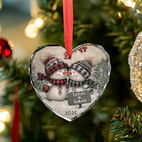 Noni Personalized Couple Heart Glass Ornament, Custom Names Printed and Year 2025, Snowman Couple Art Clear Faceted Tree Keepsake, Gifts for Couples, Gifts for Christmas