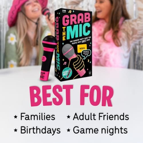 Lucky Egg Official Grab The Mic – Family Karaoke Board Game w/Foam Mic, 8+ Ages, 2-10 Players - Games for Bad Singers w/ 230 Lyrics (115 Cards)