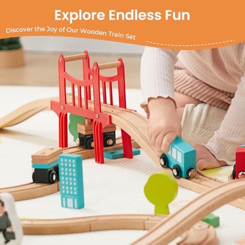 Tiny Land Wooden Train Set for Toddler - 39 Pcs- with Wooden Tracks Compatible with Major Brands - Expandable, Changeable-Train Toy for 3 4 5 Years Old Girls & Boys