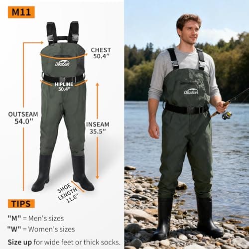 DikaSun Fishing Waders for Men & Women, Waterproof 2-Ply Nylon/PVC Chest Wader with Boots for Outdoor Sizes 4-13 Bootfoot