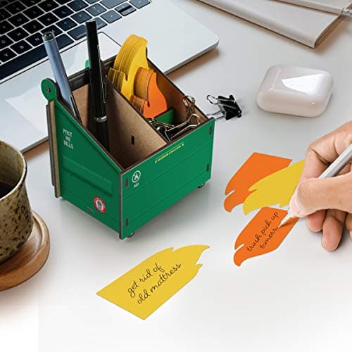 Genuine Fred Desk Dumpster Pencil Holder with 100+ Flame Note Cards, Funny 3-Compartment Organizer for Office Supplies, Desk Caddy for Work or Home