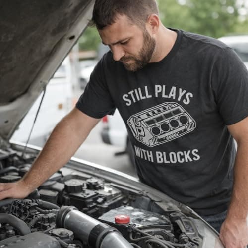 Funny T Shirts, Graphic Shirts for Men, Cool Mechanic Short Sleeve, Sarcastic, Soft Cotton Blend, Novelty Tees for Guys Still Plays with Blocks Car Mechanic Racing Garage Mens T Shirts B08TCHQQLM