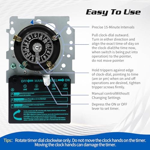 T104M Mechanical Time Switch Mechanism Only, 208-277 VAC DPST 5HP 40A Time Switch, Heavy Duty Electromechanical Timer, 24 Hour 12 ON/Off for Pool Pump HVAC Fans Water Heater Lights