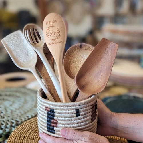 5 Year Anniversary Wood Gifts for Her Him - Happy 5th Wedding Anniversary Spoon Wooden Gifts for Wife Husband Men Couples Marriage, Handmade Engraved Spoon 12×2.2 in